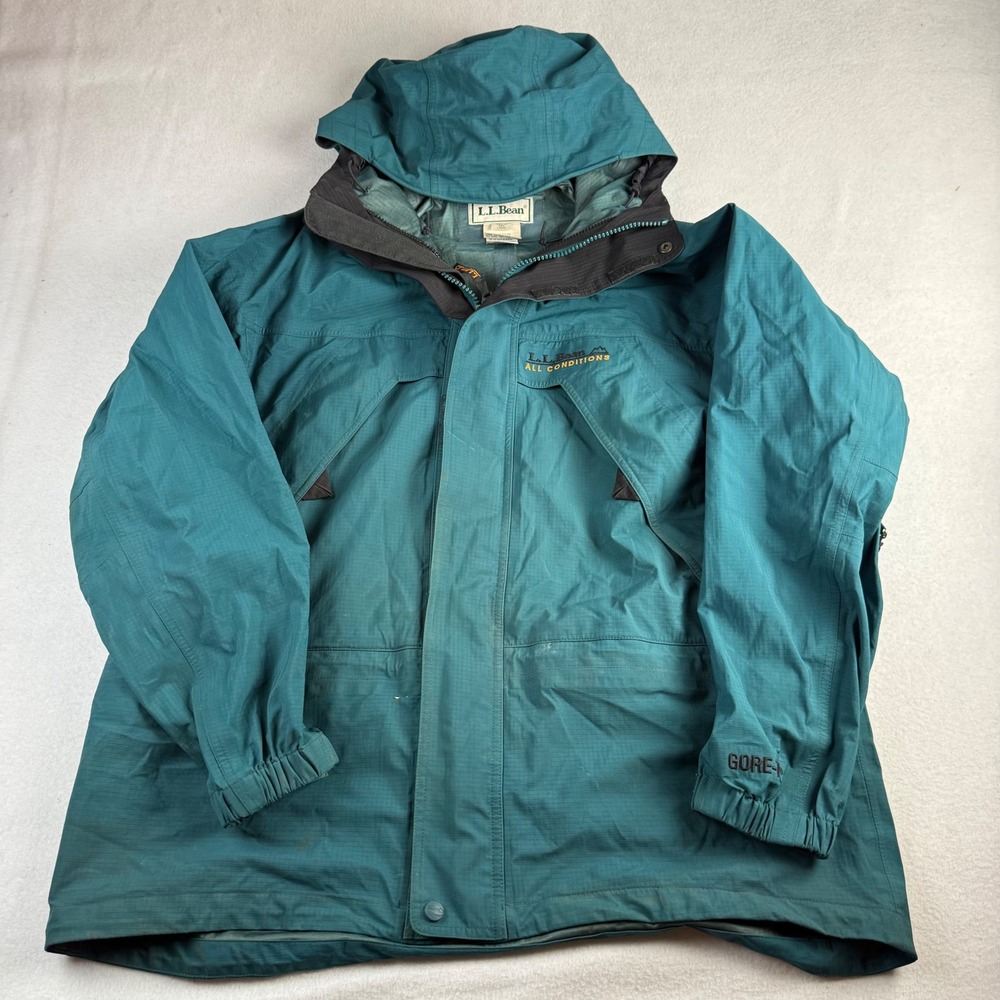 LL Bean All Conditions Gore-Tex Jacket Mens Large Teal Green Vintage Shell AQ02